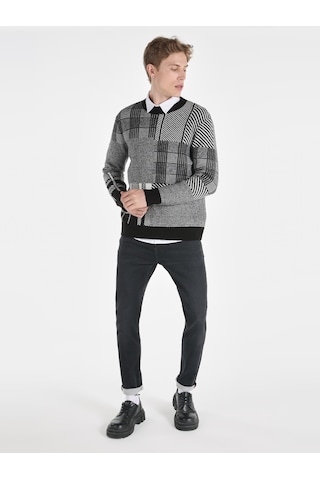 Colins Regular Fit Bisiklet Yaka Kareli Siyah Erkek Kazak Cl1065744 Siyah