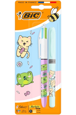 Bıc 4 Colours Kawaii Animals 4 Renkli Tükenmez Kalem + Fosforlu Kalem 2 Li Set Çok Renkli
