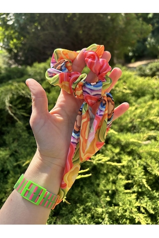 Saten Kadın Fular Model Pembe Renkli Desenli Lastikli Saç Tokası Pembe - Açık Mavi - Neon Sarı