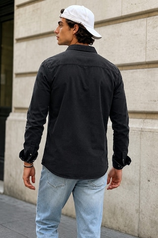 Erkek Slim Fit Siyah Kot Gömlek Çıtçıt Düğmeli Uzun Kollu Denim Gömlek