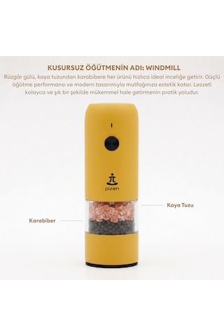 Pizen Windmill Usb Şarjlı Otomatik Baharat Öğütücü Led Işıklı Ayarlanabilir Tuz Karabiber Değirmeni Sarı