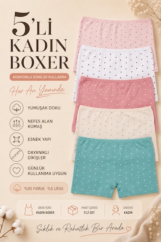 Nicoletta Kadın Boxer Külot 5 Li Paket Pamuklu Likralı Kalpli çok Renkli