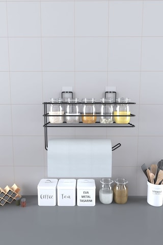 Eva Metal Tasarim Yapışkanlı Raflı Kağıt Rulo Havluluk Peçetelik Havlu Kağıltlık Siyah Banyo Mutfak Düzenleyici Raf