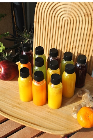 Qualitev 12 Adet Siyah Sızdırmaz Kapaklı Plastik Şişe 100 Ml Ginger Shot Detoks Meyve Şat Şişesi Siyah
