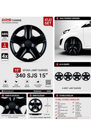 Alfa Romeo Uyumlu 15 Inc Kırılmaz Parlak Siyah Jant Kapağı 1 Takım 4 Adet No:340