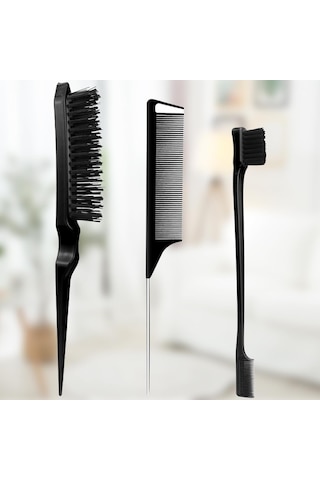Kadınlar İçin 3 Parçalı Saç Şekillendirici Tarak Seti: Şekillendirici Fırça, Fare Kuyruğu Tarak, Kenar Fırçası - Tüm Saç Tipleri İçin Siyah Plastik Tarak Seti