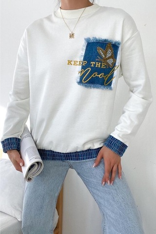 Femelle Kadın Beyaz Etek Ucu Ve Bilekleri Kot Detaylı Kelebek Taşlı Pamuk Sweatshirt