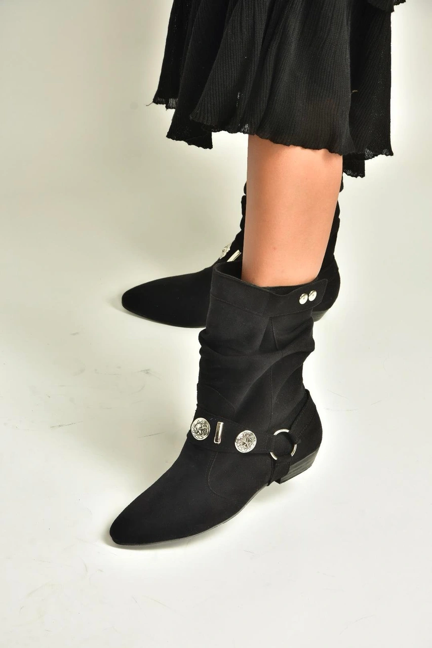 Fox Shoes V380519002 Siyah Süet Düz Tabanlı Rahat Kalıp Kadın Bot Siyah-Süet