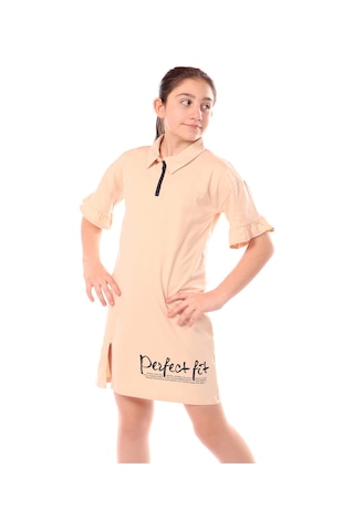 Toontoy Kız Çocuk Baskılı Regular Fit Gömlek Yaka Fermuarlı Kısa Kollu Elbise - Yırtmaç Detaylı & Bej
