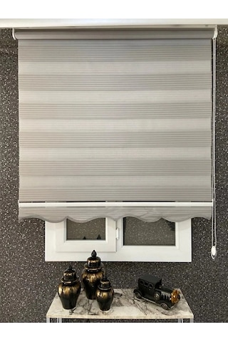 Gri Geniş Pliseli Zebra Stor Perde Eteği Dilimli Alüminyum Kasa+metal Ayak Gri