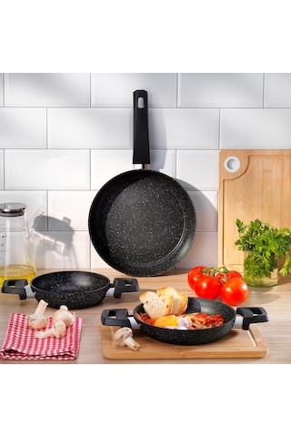 Schafer Black Stone 3 Lü Tava + Sahan Seti-siyah Siyah