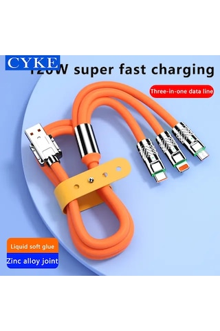 Beemen 120 W Destekli Led'li Çelik Sıvı Silikon 3 İn1 Şarj Kablosu Turuncu