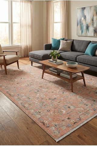 Rustik 2227 Klasik Vintage Eskitme Salon Turuncu Mutfak Halısı Tozumaz Yumuşak Makine Halısı