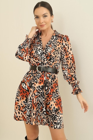 By Saygı Kruvaze Polo Yaka Beli Kemerli Astarlı Leopar Desenli Saten Elbise-35721-kiremit Kiremit