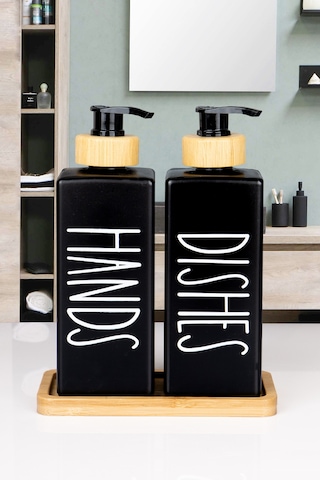 2'li Doğal Bambu Pompalı Bambu Altlıklı Deterjanlık 350 Ml Karecam Siyah