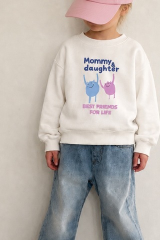 Monila Kız Çocuk Pamuklu Bisiklet Yaka Anne Kız Baskılı T-shirt Ekru