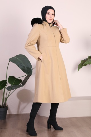 Kadın Büyük Beden Pardesü Kapşonu Kürklü Fermuarlı 001