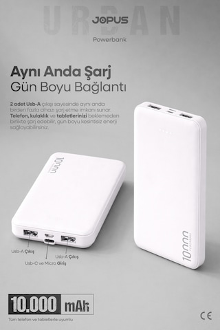 Jopus 10000mah Powerbank - Led Işık Göstergeli - Taşınabilir Şarj Cihazı Beyaz Jopus 10000mah Powerbank - Led Işık Göstergeli - Taşınabilir Şarj Cihazı Beyaz