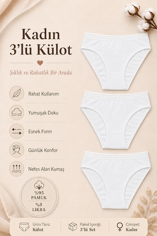 Nicoletta Kadın Külot 3 Lü Paket Likralı Pamuklu Beli Geniş Lastikli Transparan Şeffaf Beyaz