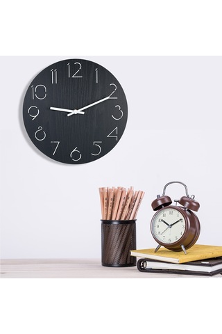 Yaleker Ahşap Duvar Saati Siyah, Delikli Rakamlar, Doğal Stil, Kesin Hareket, Oturma Odası Yatak Odası Ofis Dekoru Pil Dahil Değil Siyah