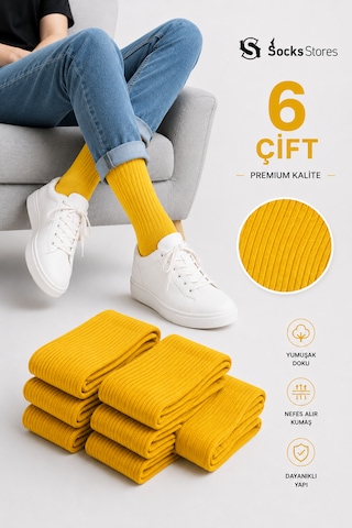 Socks Stores 6 Çift Unisex Renkli Pamuklu Soket Çorap - Renkli Tenis Boy Çorap Sarı