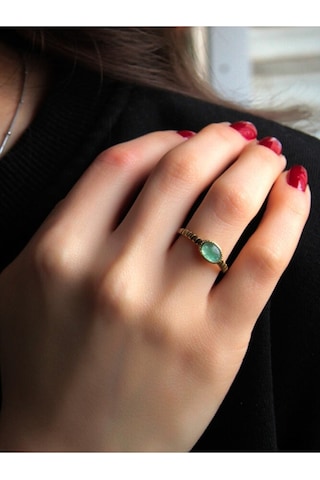 Doğal Taş Yeşil Akik Doğal Taşlı Antik Ayarlanabilir Kadın Yüzük Euy30ya Çok Renkli