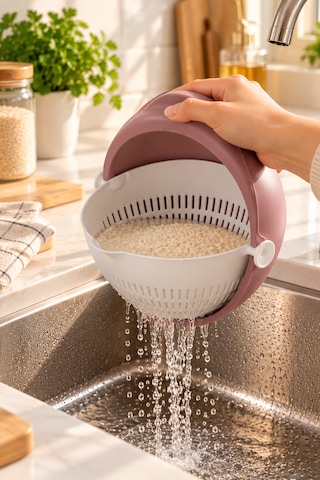 Porsima 1312 Aqua 360 Derece Döner Çift Katlı Mutfak Süzgeci 24 Cm - Kulplu Meyve, Sebze Ve Pirinç Yıkama Süzgeçli Kase Pudra Pudra Pembe