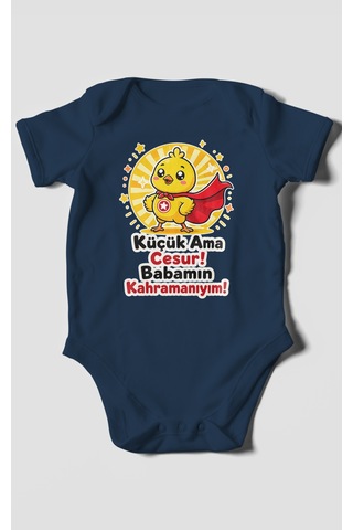 Morivokids Küçük Ama Cesur Babamın Kahramanıyım Kısa Kollu Bebek Body %100 Pamuk Lacivert