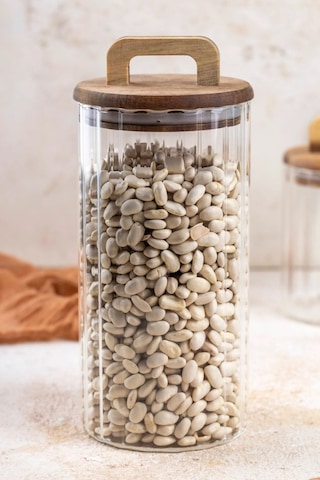 Qerhome Borosilikat Cam Optik Çizgili Akasya Kapaklı Kavanoz Zahire 3200 Ml Şeffaf