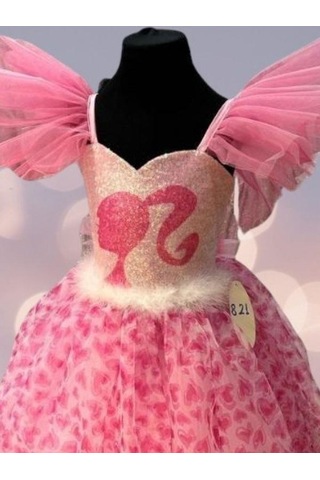 Kız Çocuk Tarlatanlı Barbie Abiye Elbise-13693 Pembe