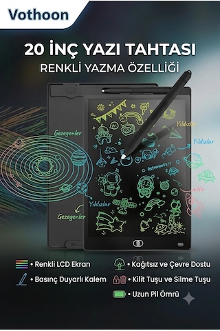 20 Inc Renkli Lcd Grafik Dijital Kalemli Çizim Tableti Yazı Tahta Not Yazma Eğitim Tableti Siyah