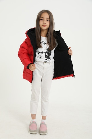 Kız Çocuk Kırmızı İçi Polarlı Kapüşonlu Su Geçirmez Rüzgara Dayanıklı Cepli Şişme Kışlık Mont Kırmızı