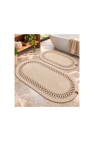 Oval Örgü Banyo Paspası Hasır Görünümlü Dekoratif Kaymaz Banyo Paspası 2 Adet Dekoratif Kutu Hediye Bej Bej