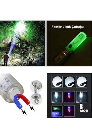El Feneri 8 Mod Şarjlı Fosforlu Mıknatıslı Led El Feneri