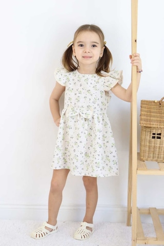 Esila Kids Kız Çocuk Elbise Bayramlık Elbise Çiçek Desenli Fiyonk Detaylı Büzgülü Kollu 3-6 Yaş Yeşil