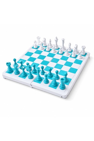 Katlanabilir Mini Satranç Takımı Beyaz & Turkuaz 21 X 21 Cm Taşınabilir Satranç Seti