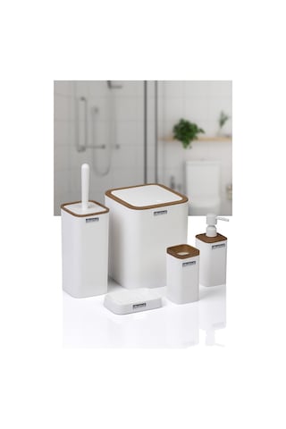 Okyanus Home Mina Beyaz Ahşap Desenli Çizgili Kare 5'li Banyo Seti Beyaz