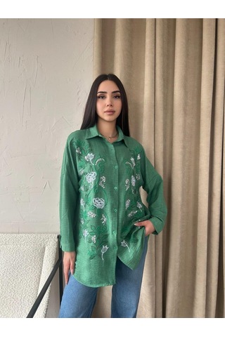 Nakışlı Sarmaşık Desenli Keten Kadın Gömlek 001