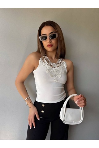 Gülsüm Aydın Kadın Ottoman Kumaş Dantel Detaylı Bluz Beyaz