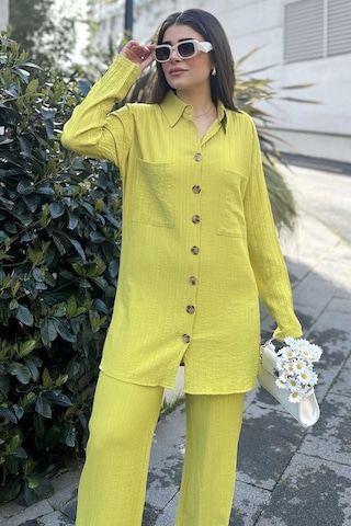 Kadın Yeşil Gofre Kumaş, Çift Cepli Gömlek & Bol Paça Pantolon - Salaş Alt & Üst Takım Yağ Yeşili