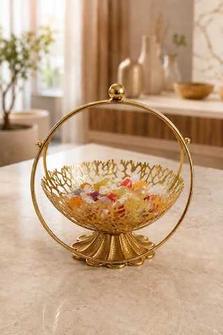 Gold Metal Dekoratif Meyvelik Şekerlik İkramlık Sunum Sepeti Modern Tasarım