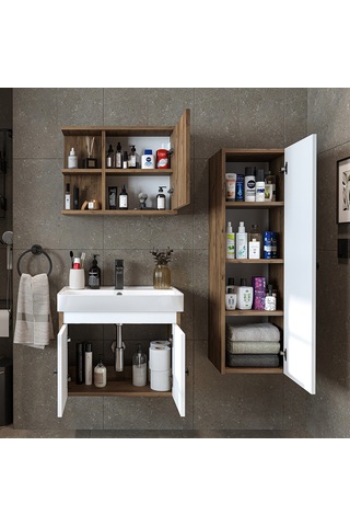 Ada Lavabolu Banyo Alt Dolabı + Banyo Üst Dolap + Banyo Boy Dolap Atlantik Çam - Beyaz