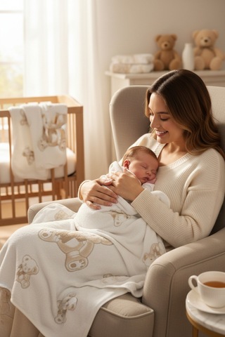 Ayıcıklı Bebek Battaniyesi Wellsoft Yumuşak Dokulu Nakışlı Yenidoğan Bebek Battaniyesi Hediyelik Kahverengi