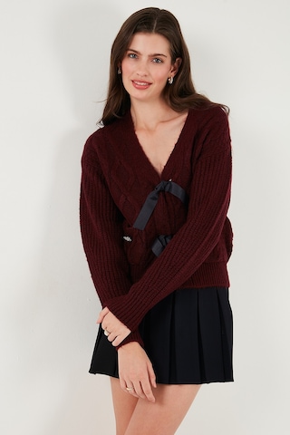 Lela Premium Regular Fit V Yaka Fiyonk Bağlama Detaylı Örgü Desenli Triko Bayan Hırka 680Kz1947 Bordo