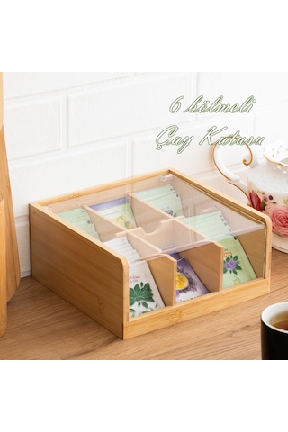 Porsima 005 Ahşap 6 Bölmeli Organizer Poşet Çay Saklama Kutusu Ahşap