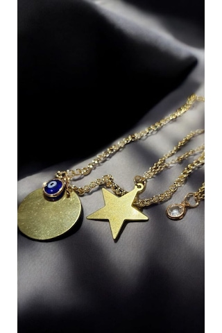 Altın Renk Üç Katmanlı Şans Kolyesi Yıldız, Nazar Ve Işık Taşı Gold