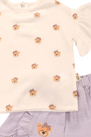 Ayıcık Baskılı Fırfırlı Şortlu Lila Takım Bipamuk 001