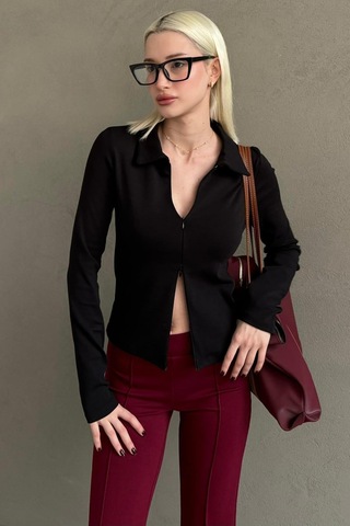 Siyah Polo Yaka Çift Fermuarlı Slim Fit Kadın Body Mg2652 Siyah