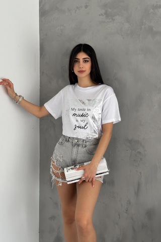 Femelle Kadın Beyaz Gümüş Varaklı Pamuk Tişört