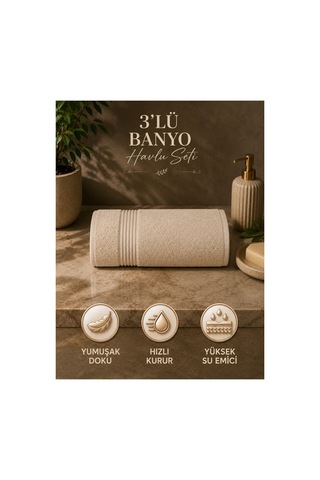 2 Li Banyo Havlu Seti 70x140 + 50x90 Yumuşak Dokulu Yüksek Emici Banyo Ve El Yüz Havlusu Takımı Ekru